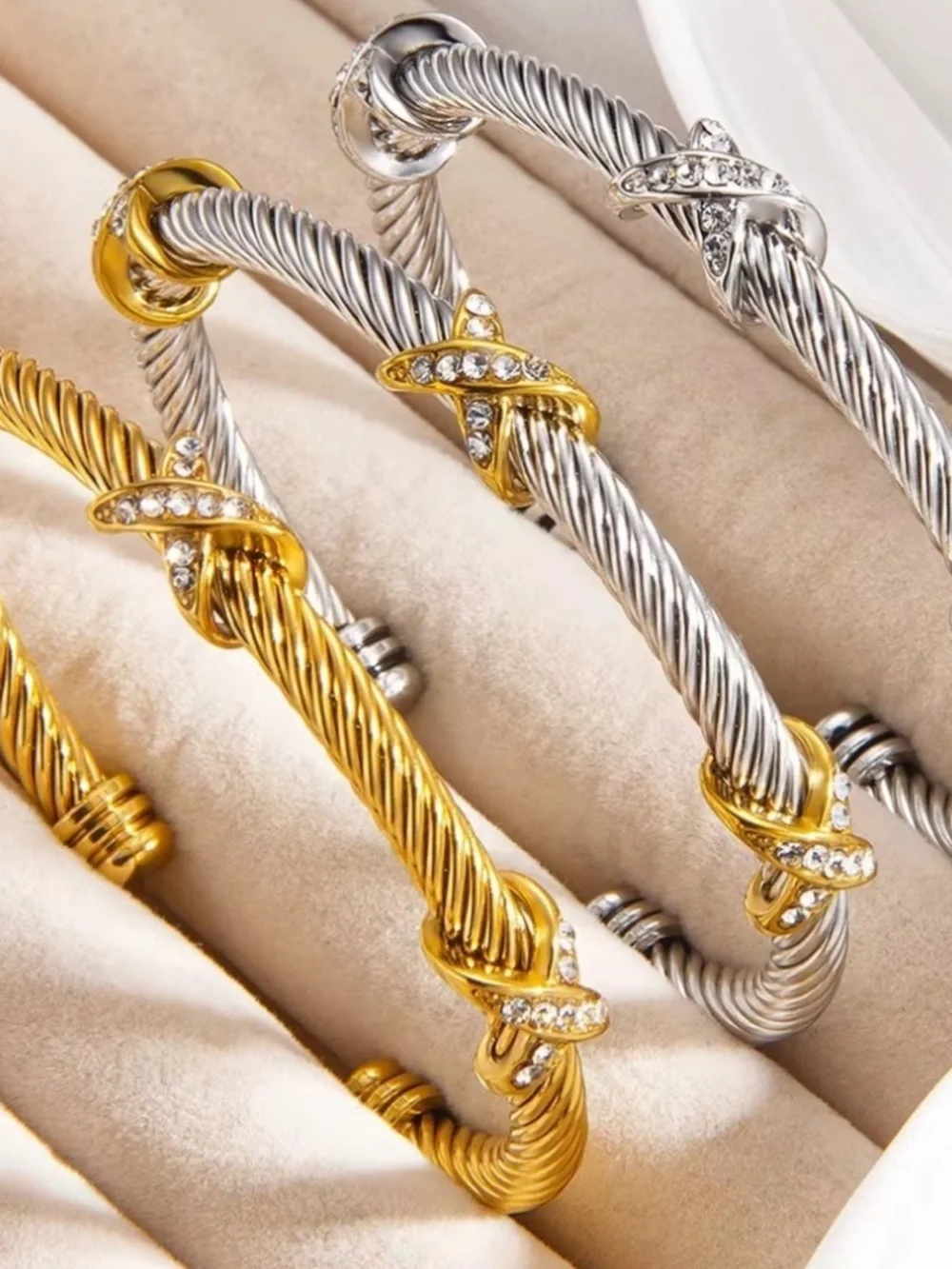 Anthropologie Two-Tone Silver and Gold Cable Cuff with Crystals